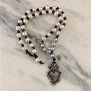 Freshwater Pearl and Silver Heart Pendant Necklace on leather